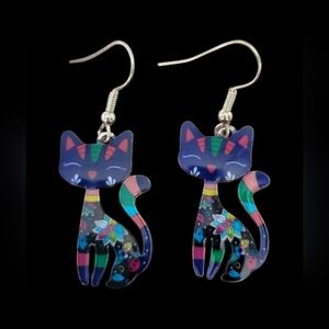 Black Kitty Cat earrings eith stripes and flowere red ears